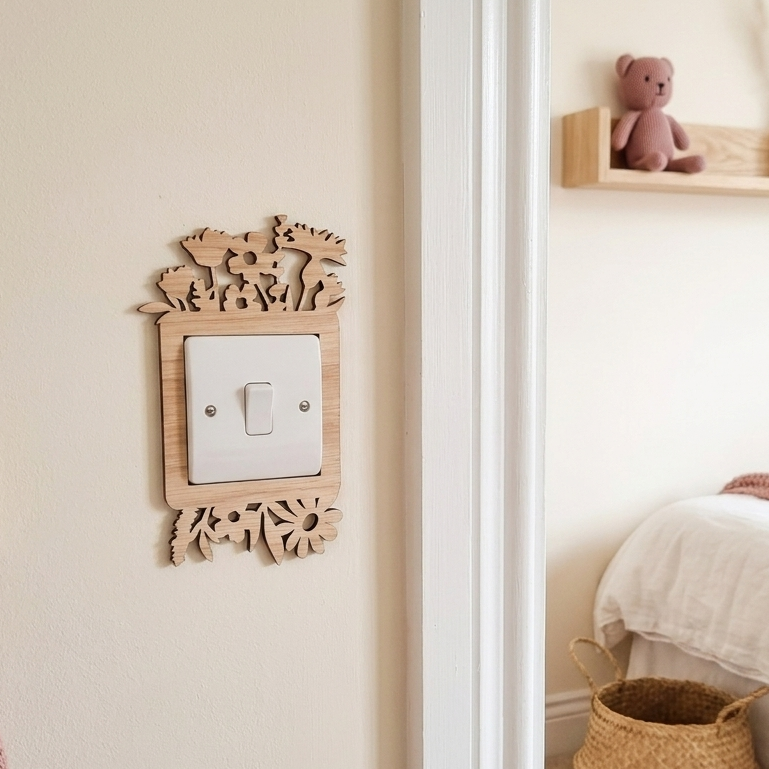 Decorative wildflower design wooden light switch cover on a wall next to a bed with a teddy bear and plant.