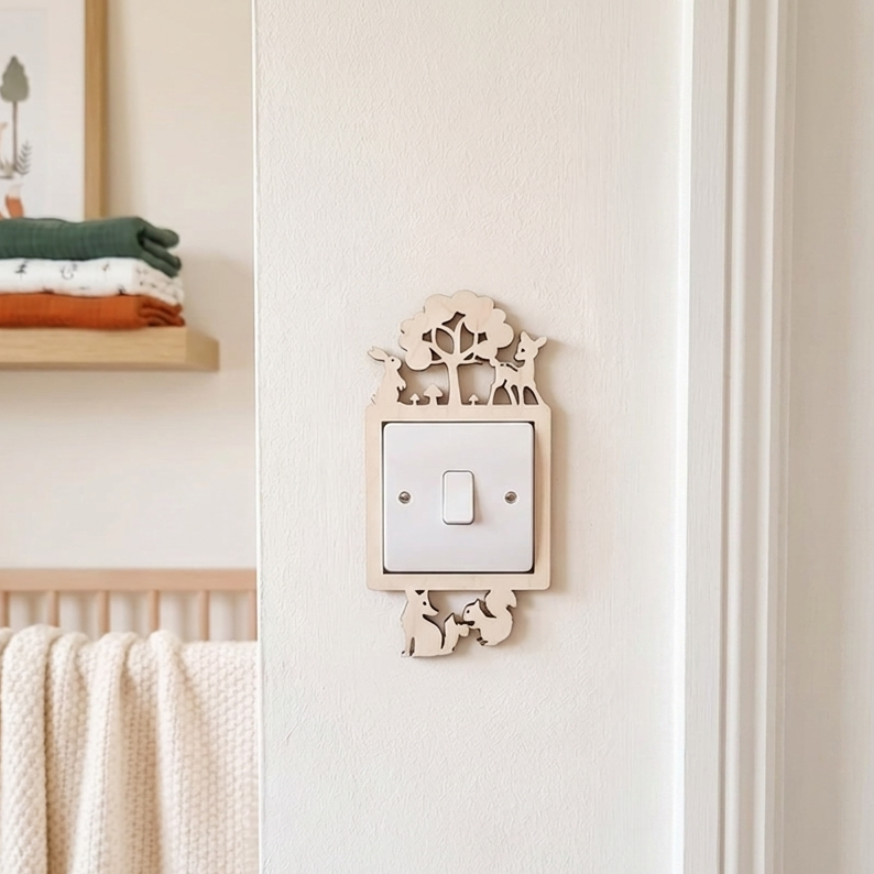 Decorative wooden light switch cover with a forest animal design on a white wall.