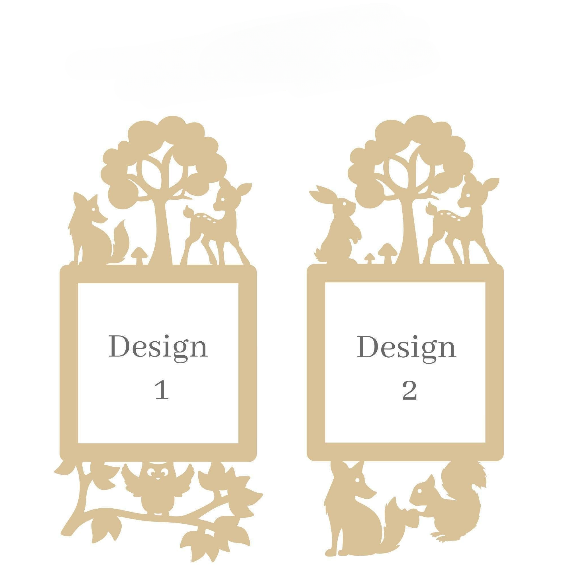 two identical frames, each containing a cutout of a tree, a deer, and a rabbit, along with the text "Design 1" and "Design 2" displayed on the frames.