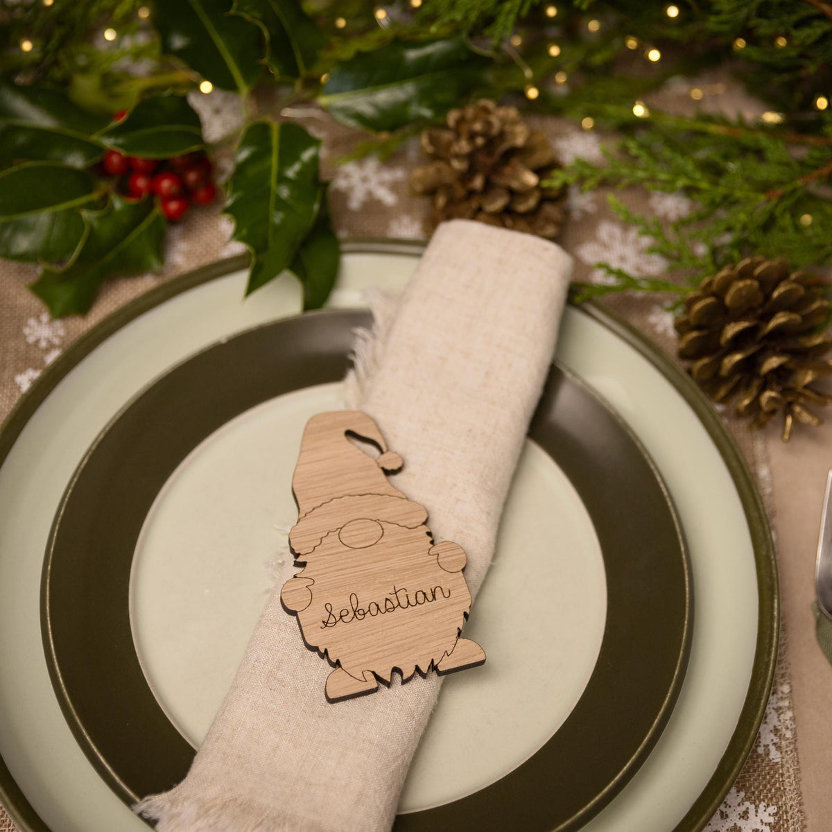 Wooden place setting in shape of a christmas gonk