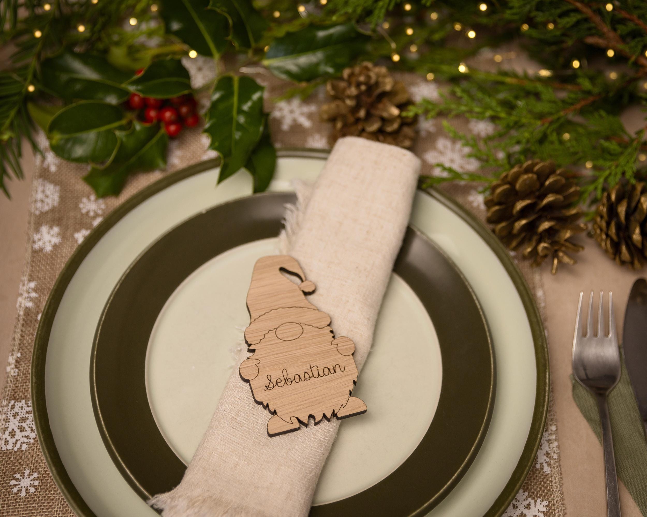 Wooden place setting in shape of a christmas gonk