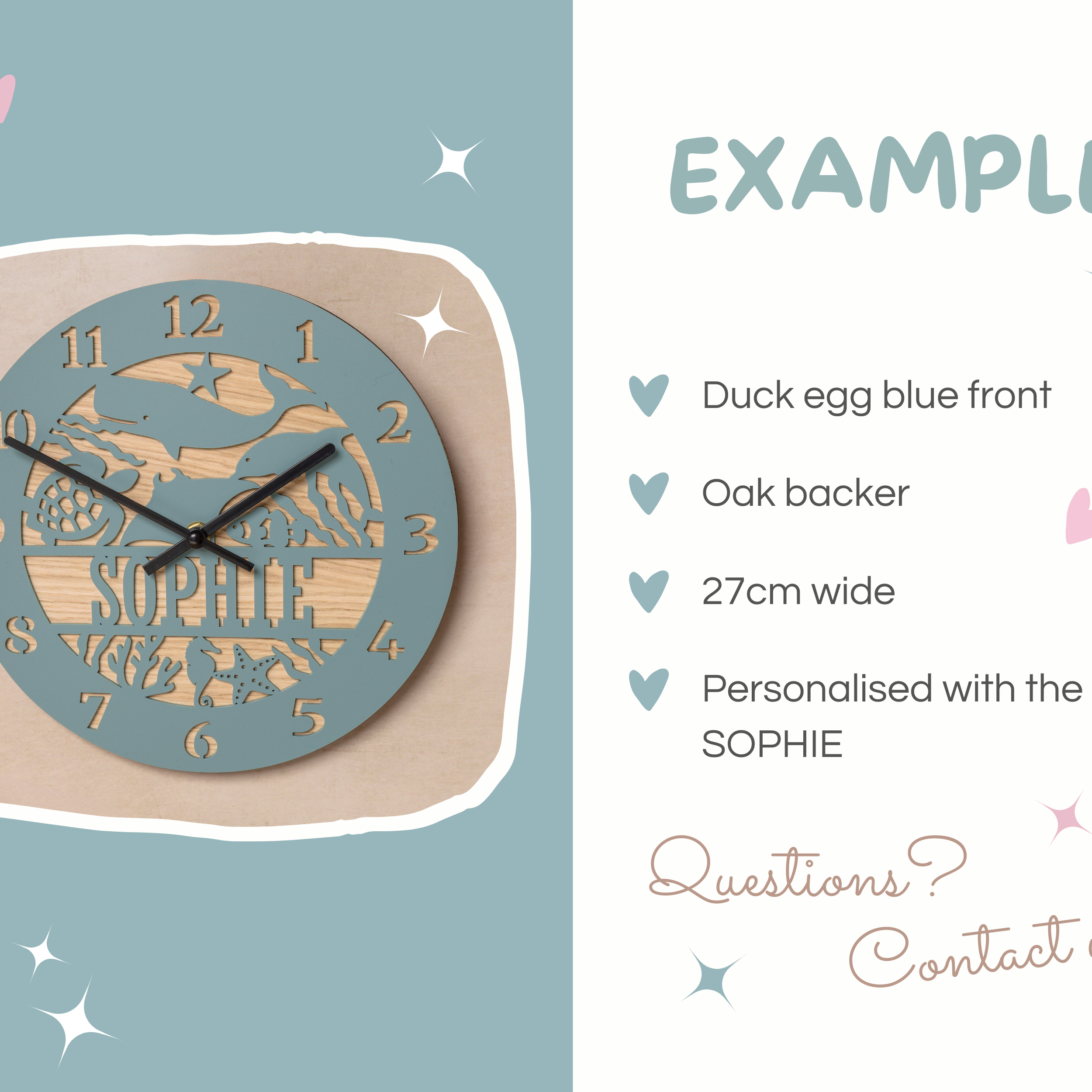 a clock with a duck egg blue front and oak backing, and it is personalized with the name Sophie.