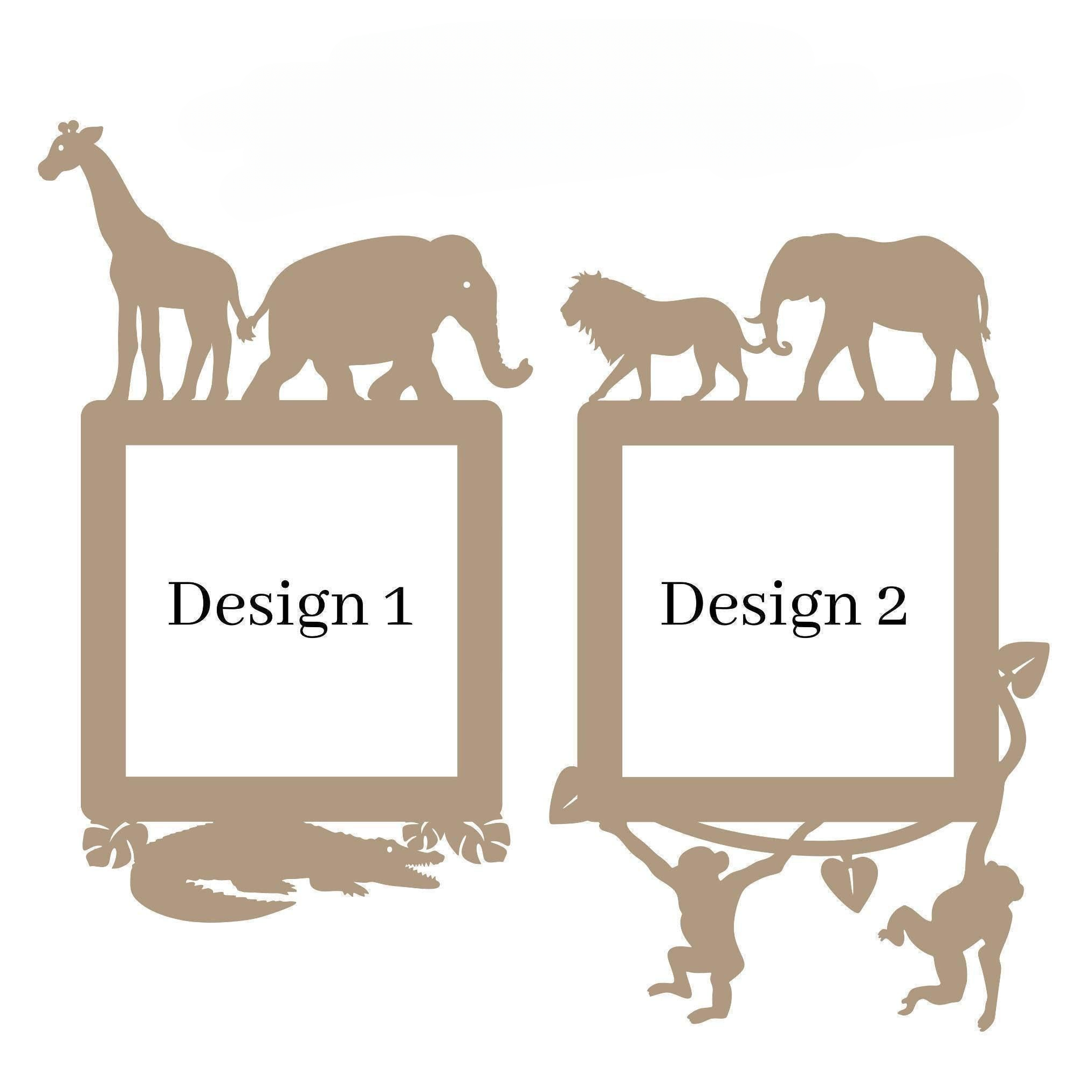 two identical square frames, each containing a silhouette of a giraffe, elephant, lion, and crocodile. The frames are labeled "Design 1" and "Design 2".