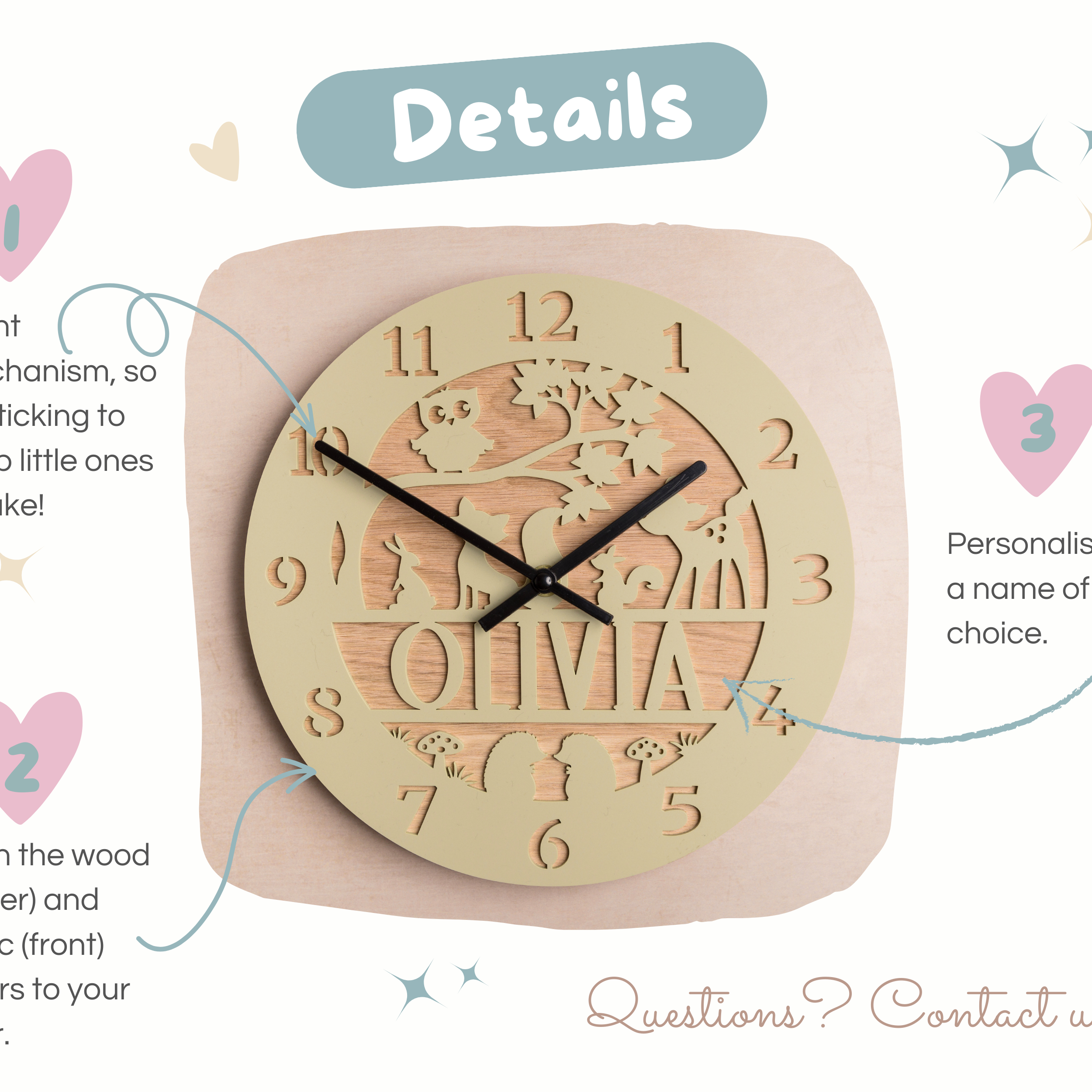 The image is a detailed description of a clock with a wooden and acrylic design, featuring a personalized name carved into the wood and a matching name carved into the acrylic. The clock is set against a light pink background with hearts and stars scattered around.