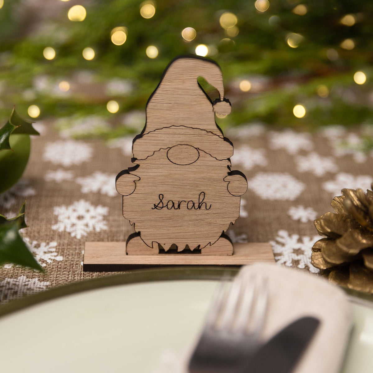 Standing gonk wooden place name setting