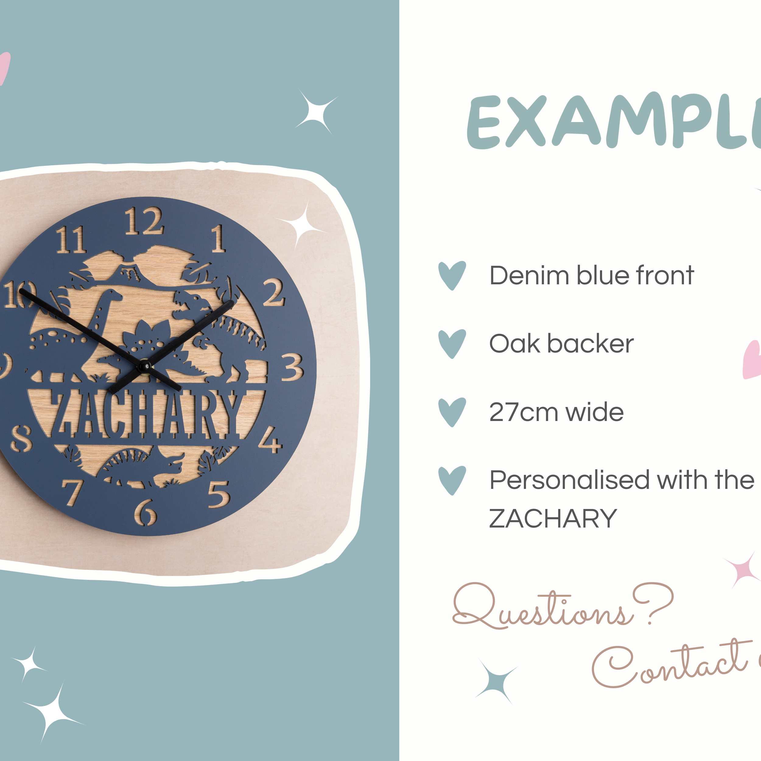 a clock with the name "ZACHARY" carved into it, along with a list of features such as the denim blue front, oak backing, and 27cm wide size.