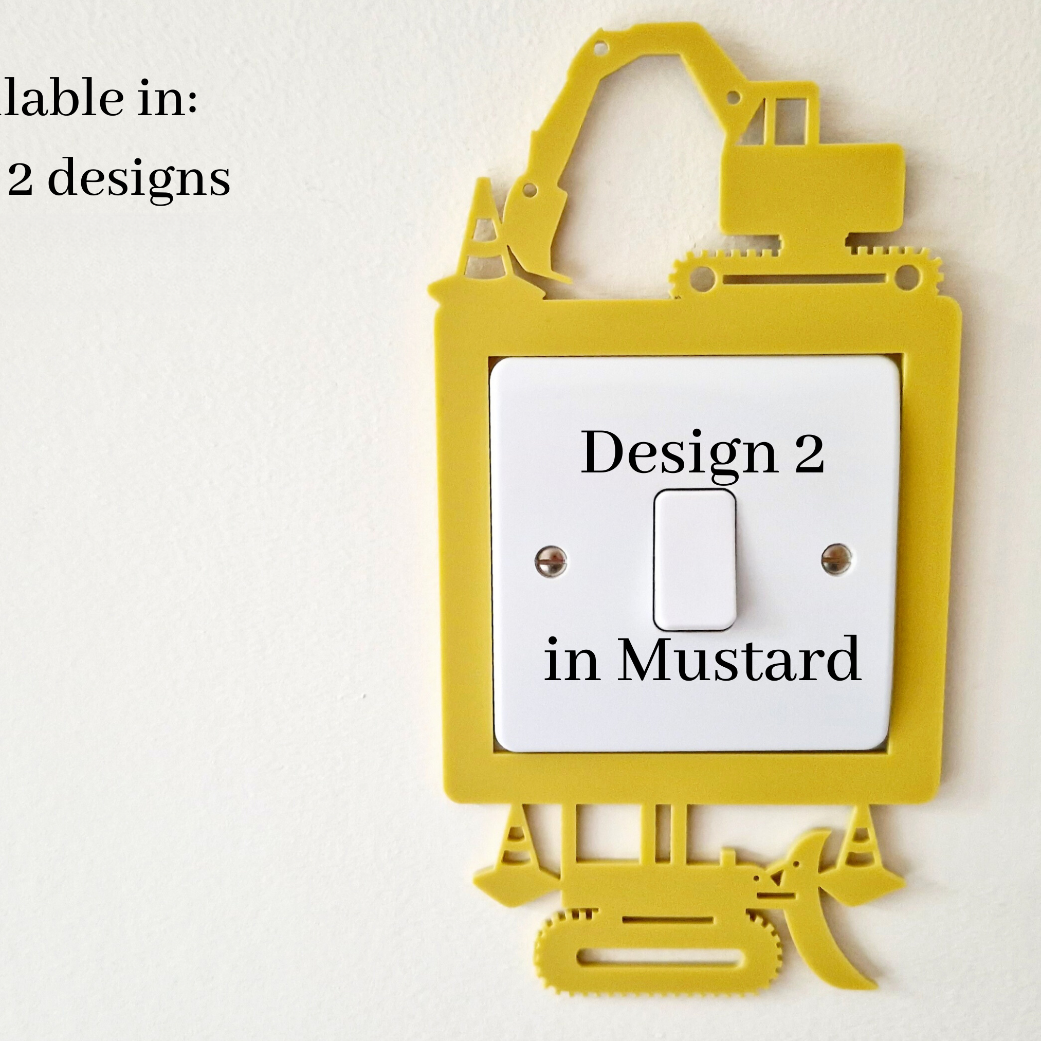 a yellow light switch with a design of a yellow construction vehicle on it, and there is text indicating that it is available in two designs and has 25+ colors.