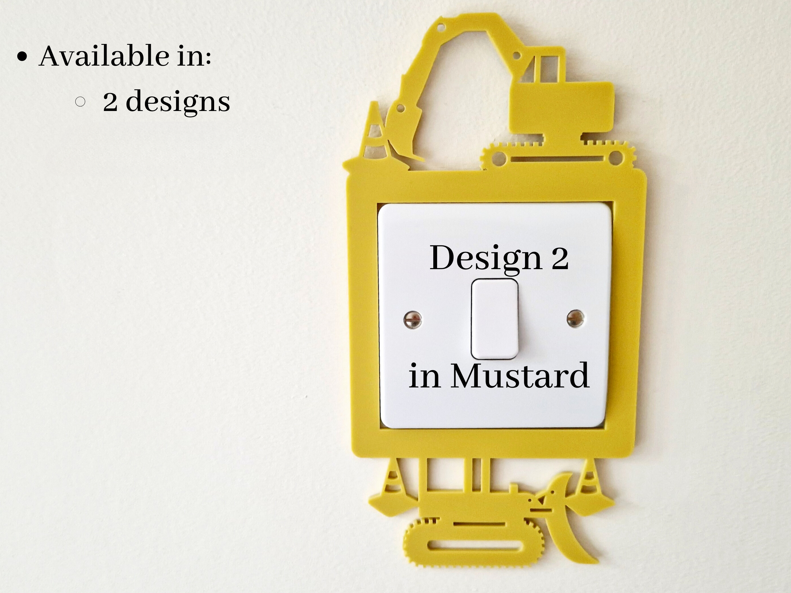 a yellow light switch with a design of a yellow construction vehicle on it, and there is text indicating that it is available in two designs and has 25+ colors.