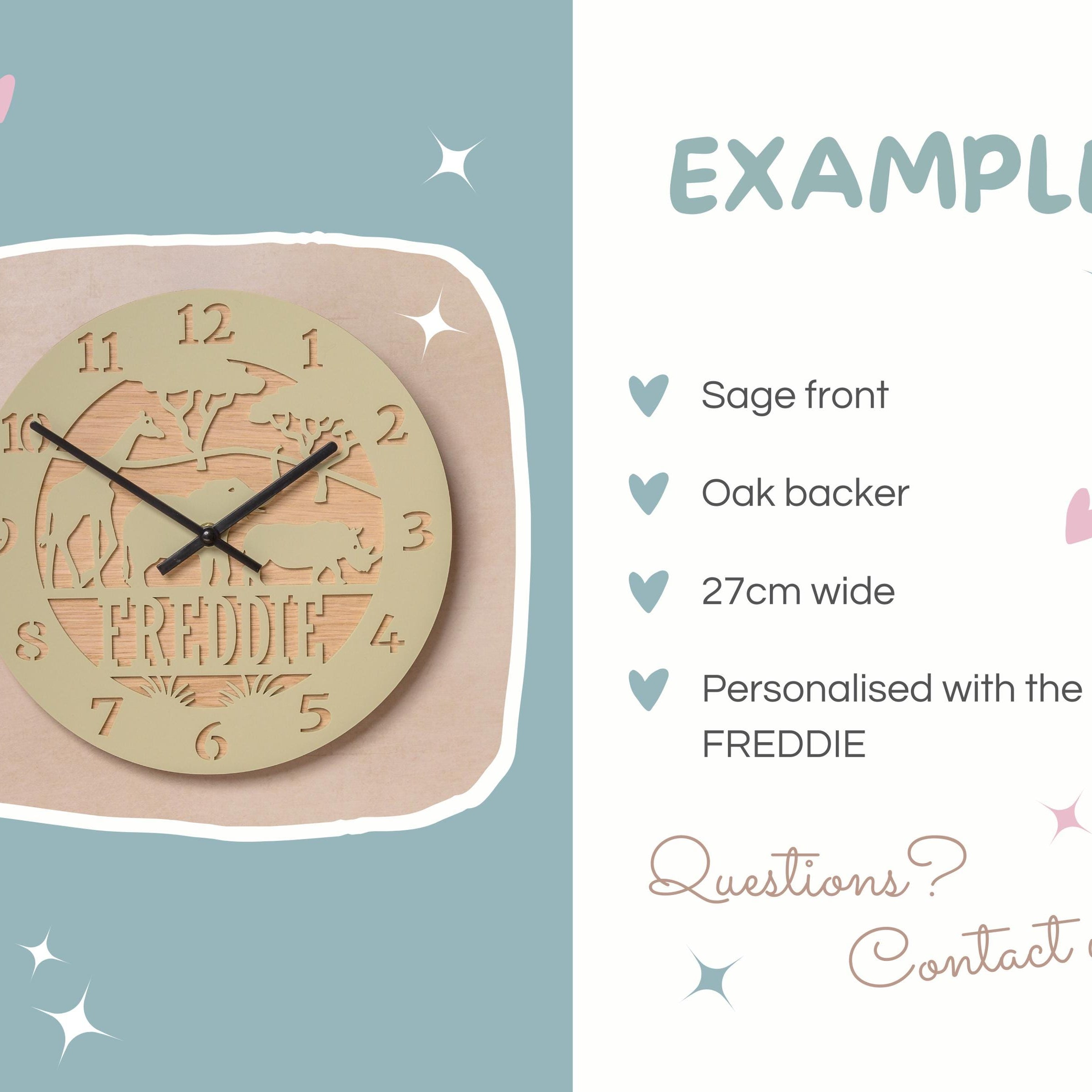 a wooden wall clock with the name "FREDDIE" carved into it. The clock is set against a light blue background with stars scattered around it.