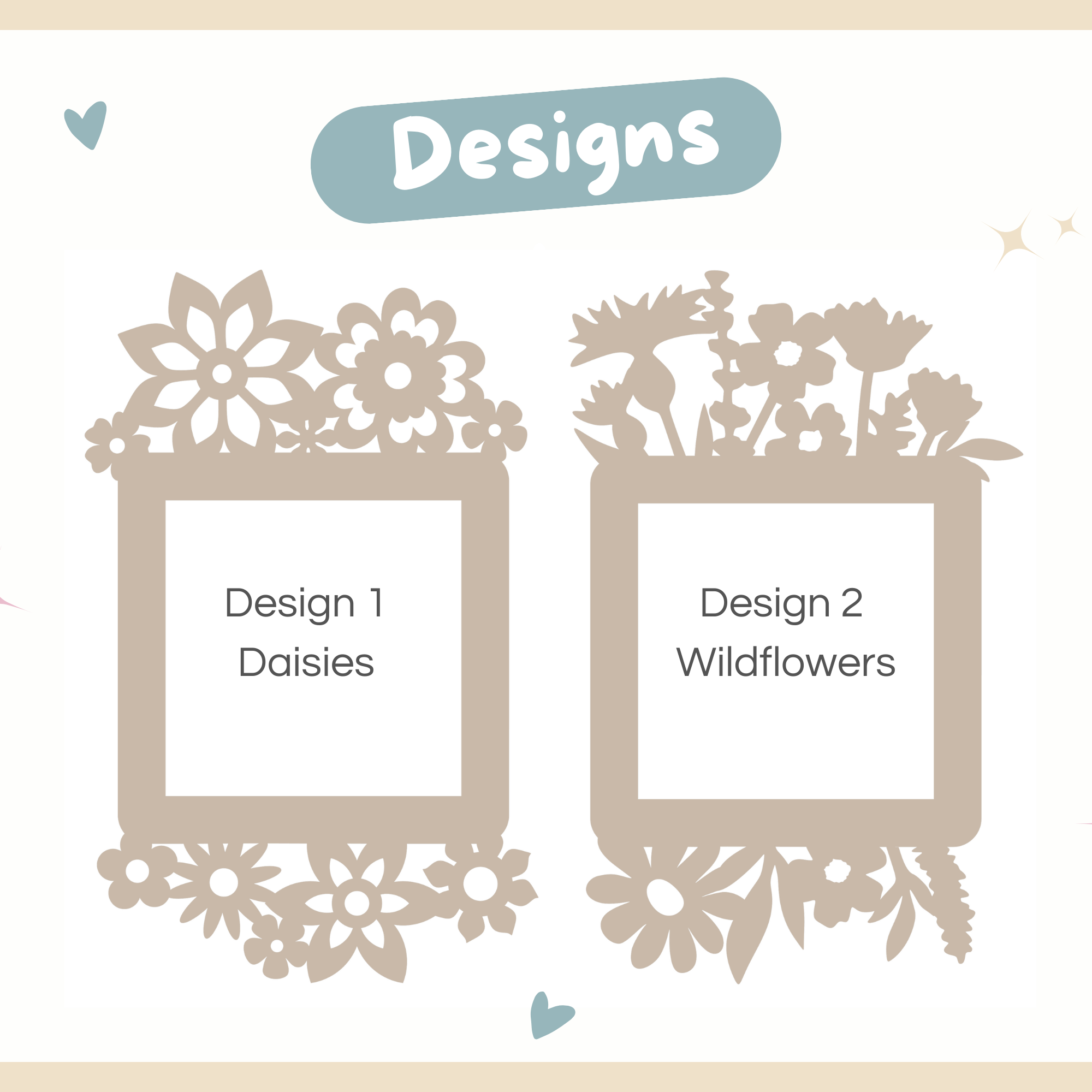two square frames, each with a different floral design. The frame on the left has a design of daisies, while the frame on the right has a design of wildflowers.
