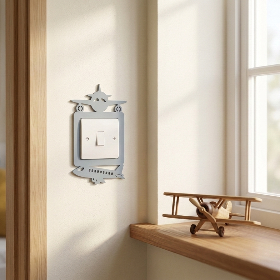 Decorative acrylic light switch cover with jumbo jet aeroplane design on a wall in an aviation themed boy's bedroom.