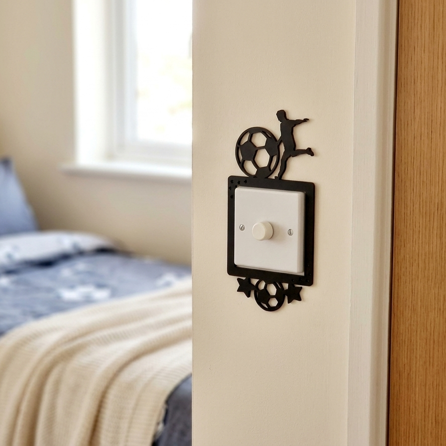 Decorative acrylic light switch cover with footballer design on a wall in a teenage boy's football themed bedroom.