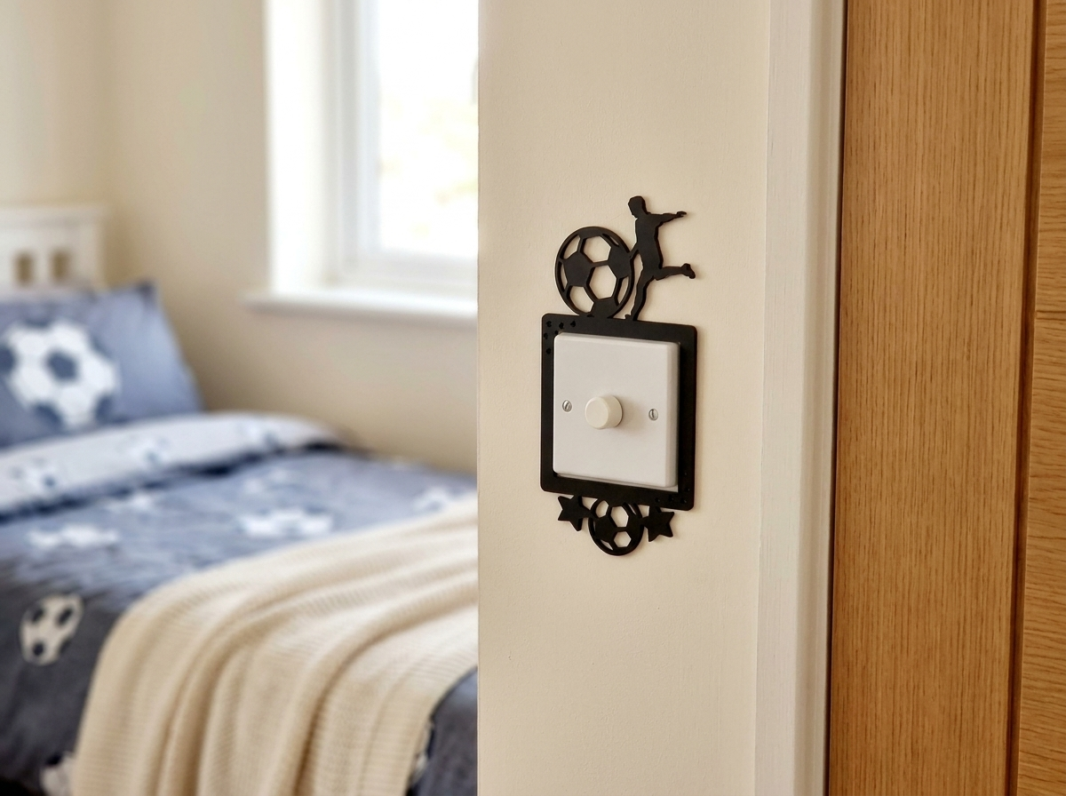 Decorative acrylic light switch cover with footballer design on a wall in a teenage boy's football themed bedroom.