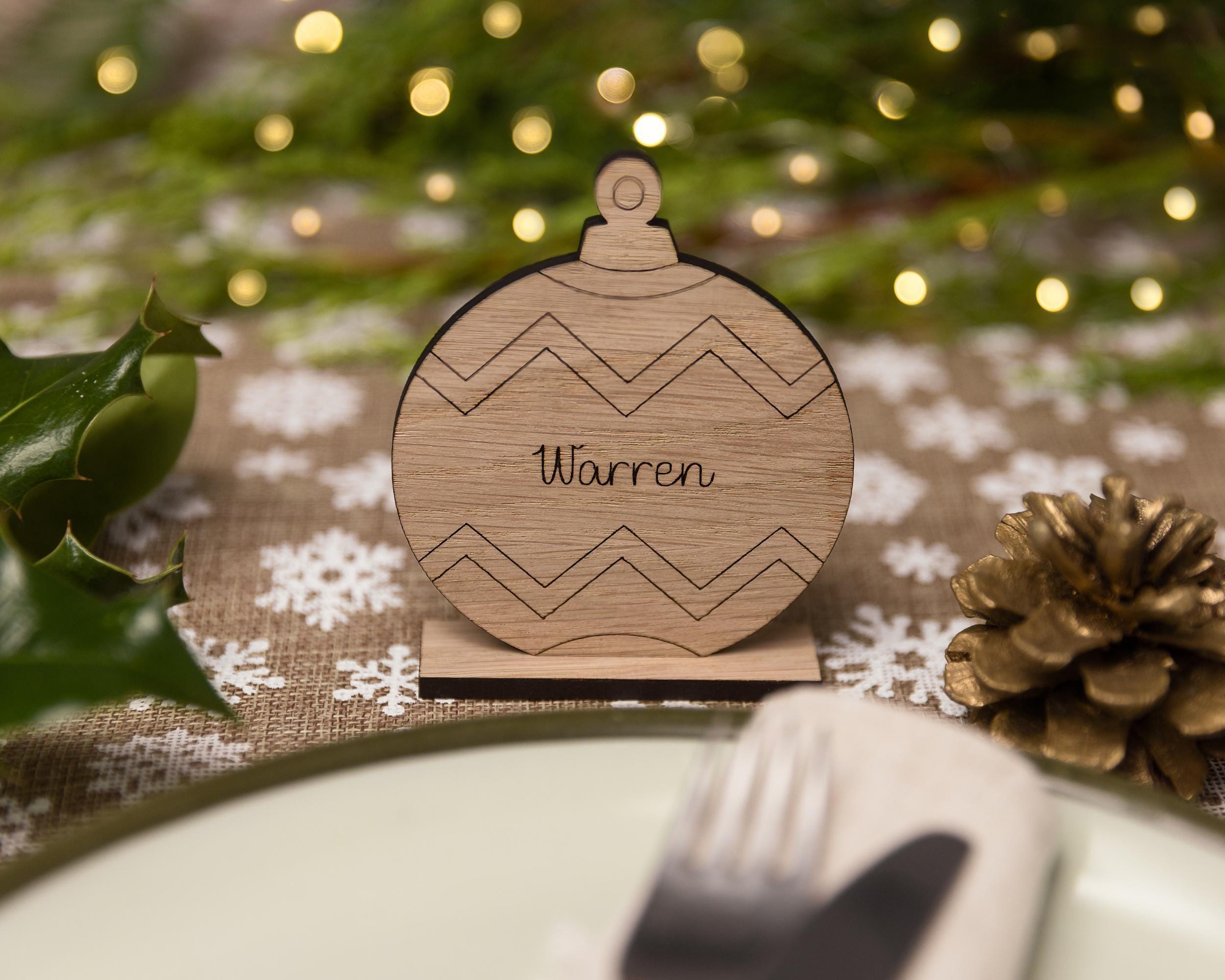 Standing bauble wooden place name setting