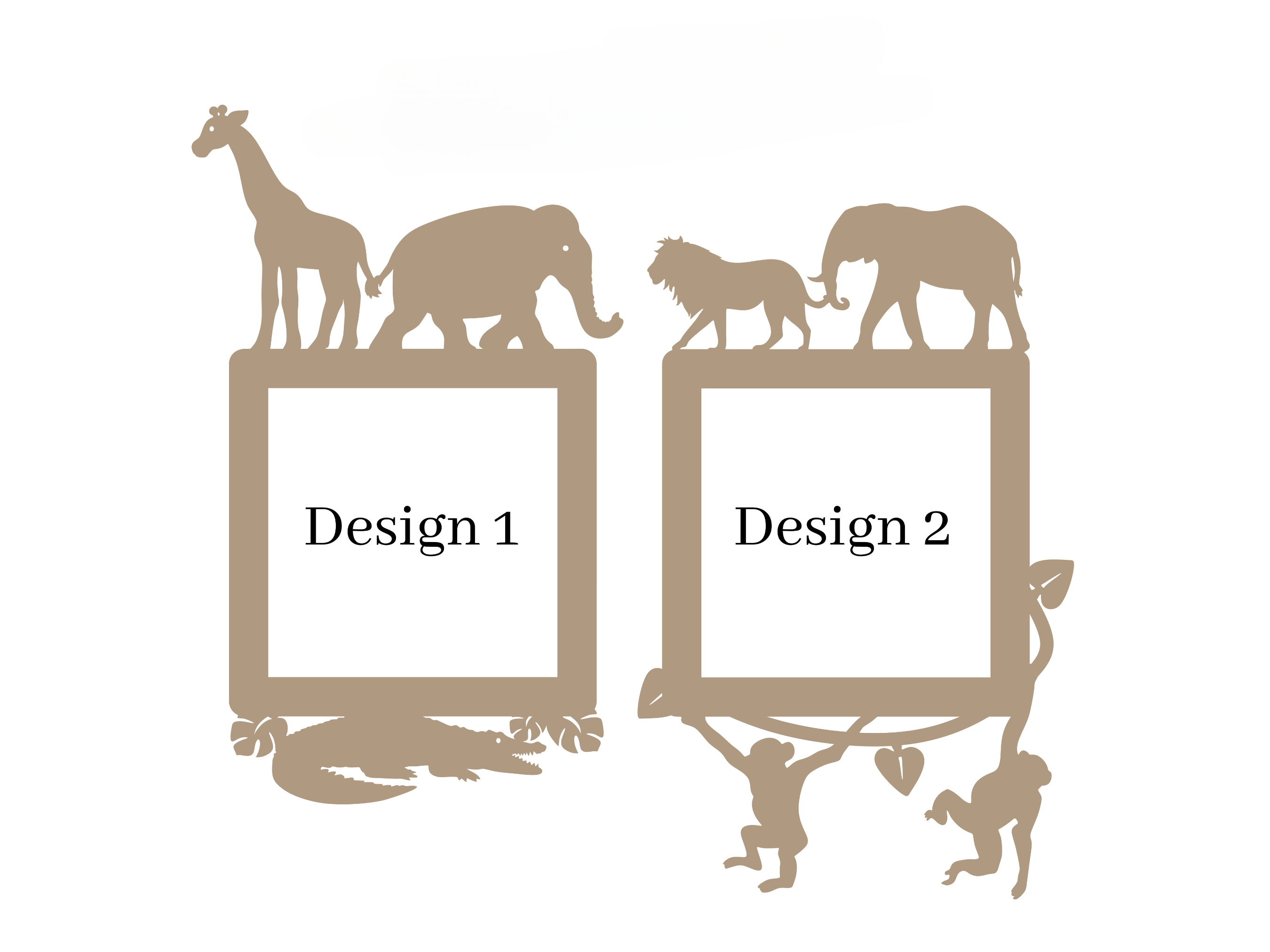 two identical frames, each containing a silhouette of a giraffe, an elephant, a lion, and a crocodile. The frames are labeled "Design 1" and "Design 2".