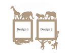 two identical frames, each containing a silhouette of a giraffe, an elephant, a lion, and a crocodile. The frames are labeled "Design 1" and "Design 2".