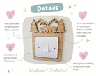 The image is a detailed description of a wooden light switch with a carved design, available in 6 wood colors and suitable for a 6-month period. It is an ideal gift for a birthday, Christmas, or a new baby. The switch is fixed to the wall with 3M Command Strips or double sided tape, and it is available in 6 wood colors. The image also includes a contact number for further information.