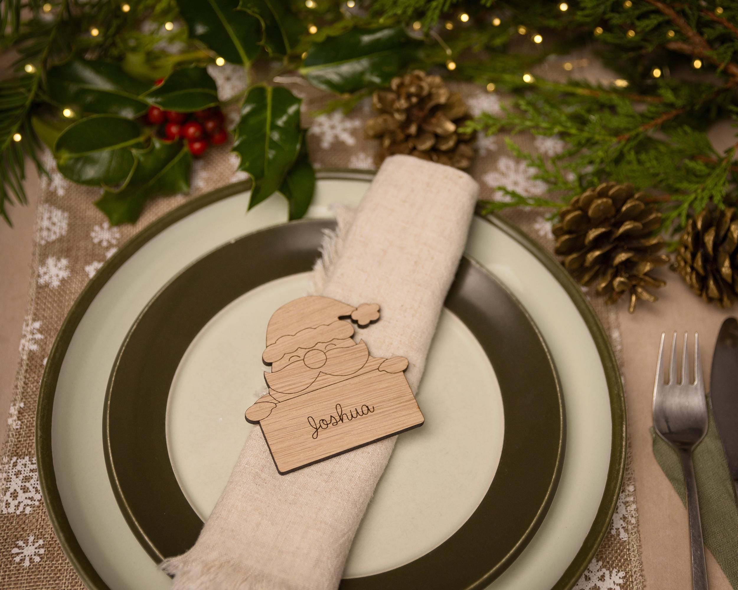 Wooden place setting in shape of a santa