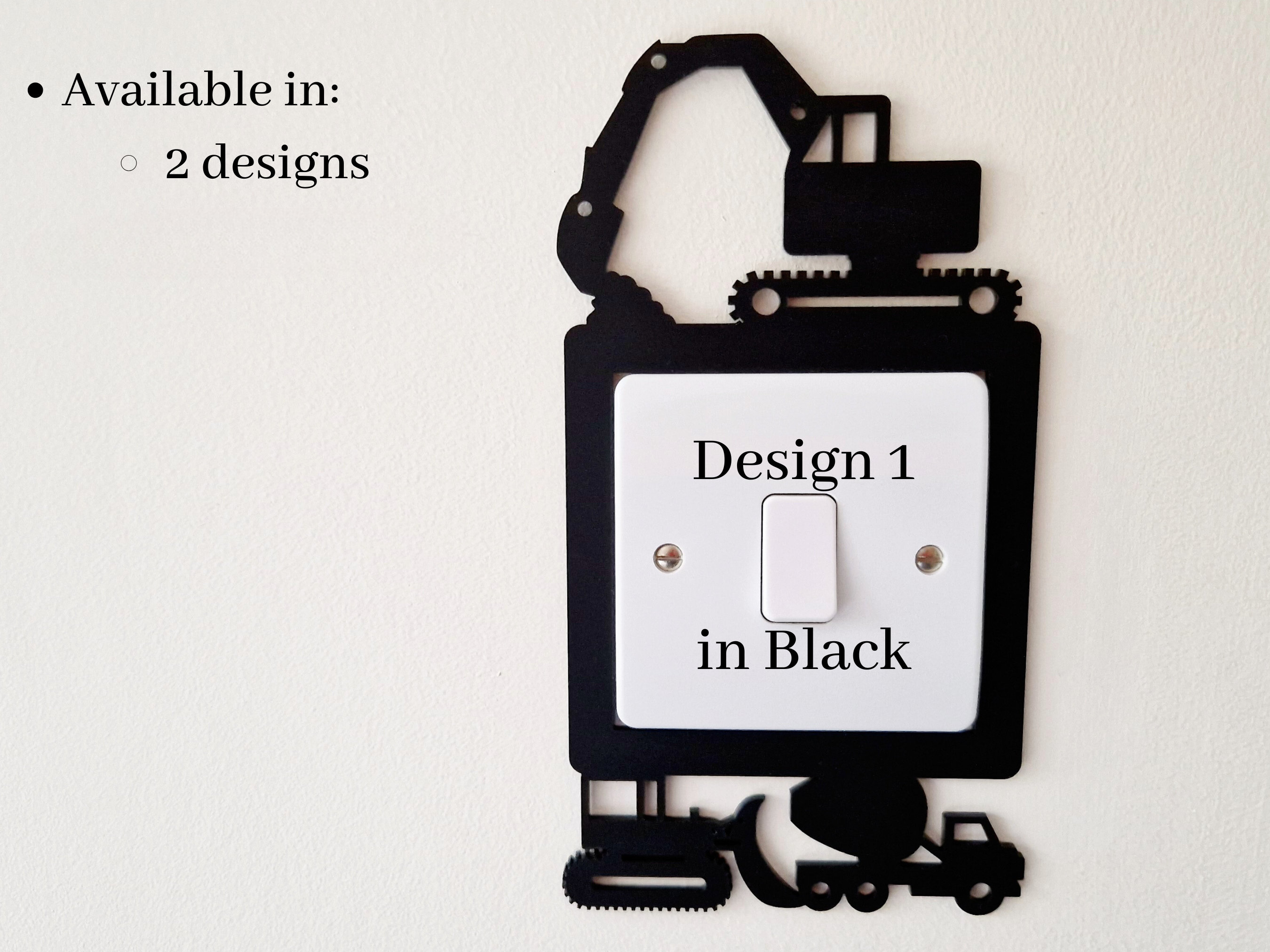 a light switch with a design of a construction vehicle on it, and there is text indicating that it is available in two designs and in 25+ colors.