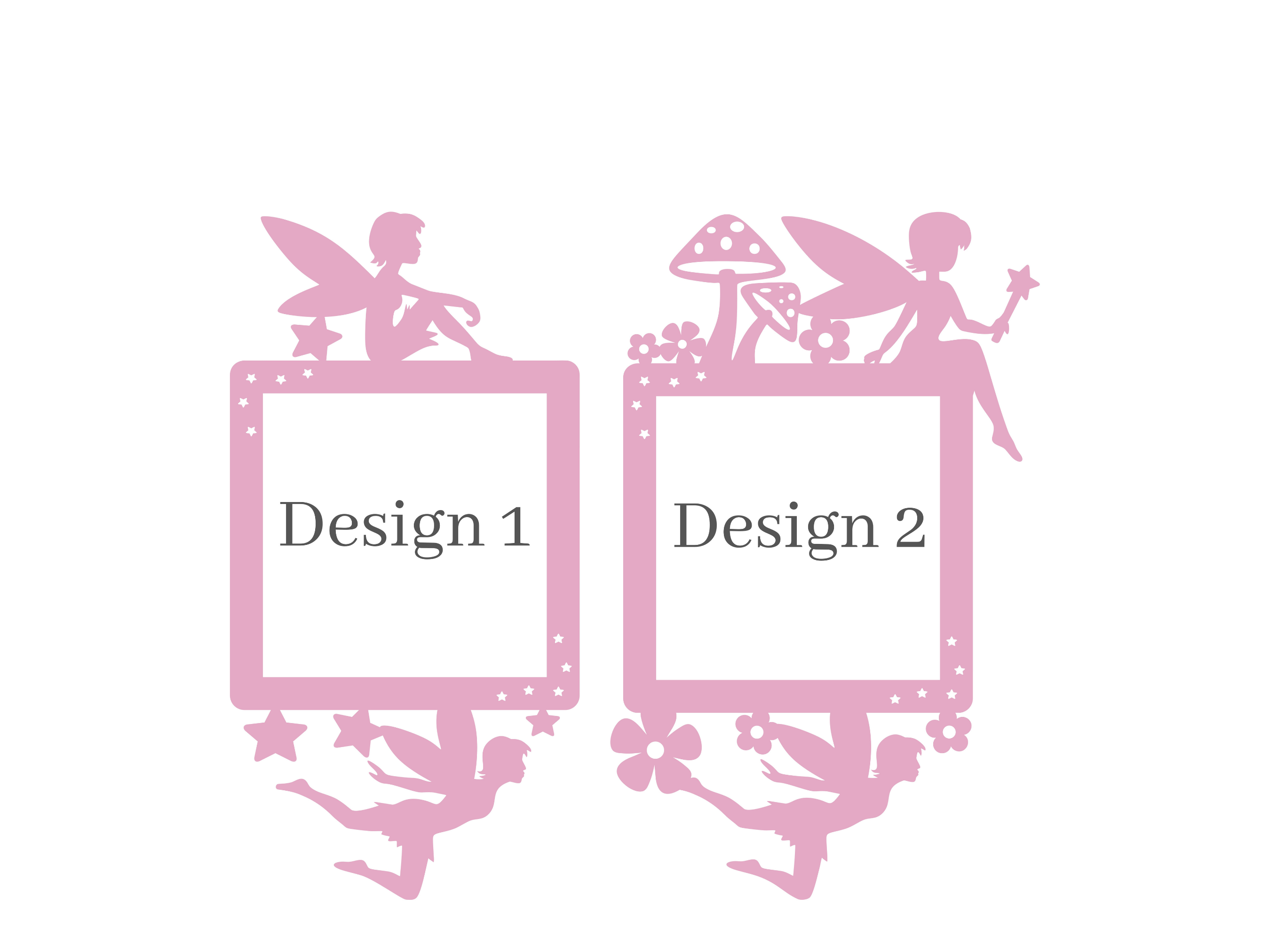 Two pink fairy-themed surrounds labelled 'Design 1' and 'Design 2' on a white background.