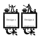 Two Halloween-themed designs with silhouettes of witches, cats, and cauldrons.