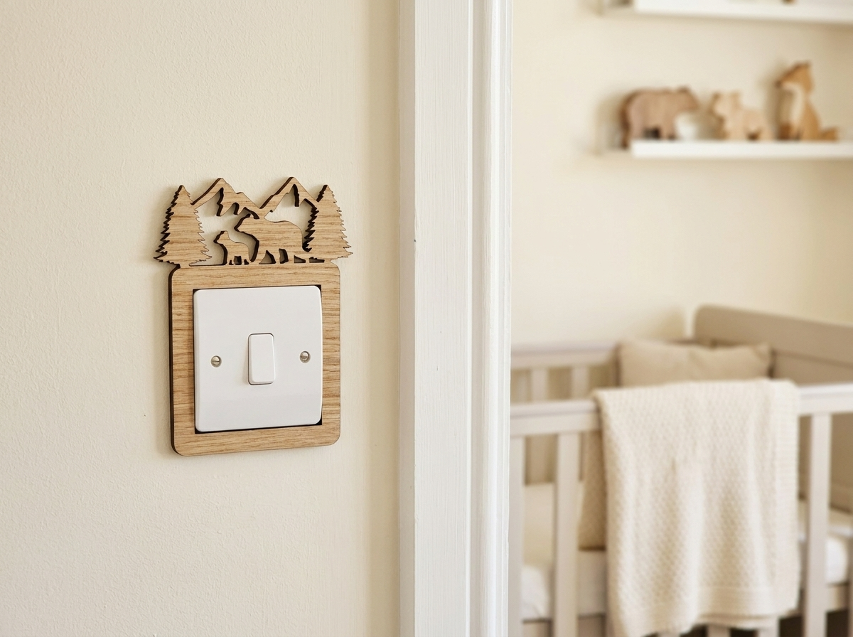 Wooden switch cover with a mummy bear and a baby bear in front of mountains and two trees, on a light-colored wall next to a crib.