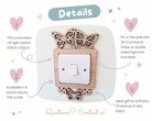 The image is a detailed description of a wooden light switch with butterfly and heart designs, available in 6 wood colors and suitable for a baby's room. It features a 3M Command Strip or double sided tape for fixing to the wall, and it is ideal as a gift for a birthday, Christmas, or new baby. The image includes a contact number for further inquiries.