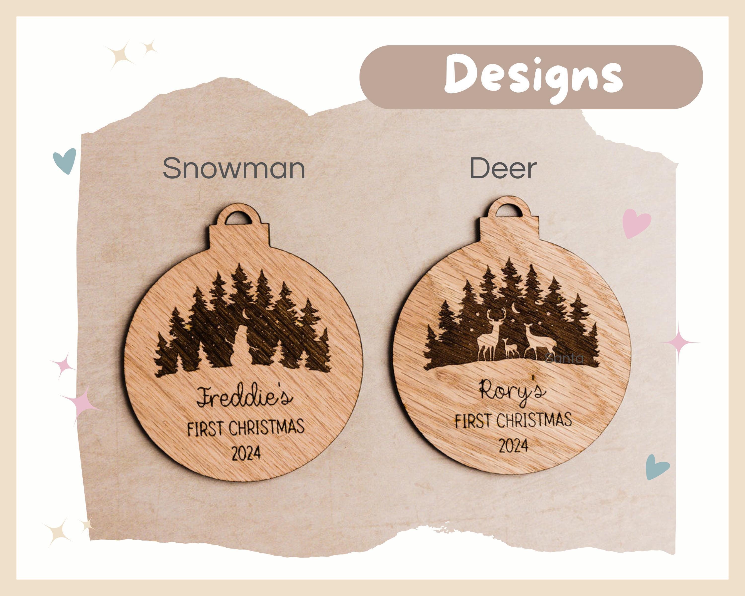 Two wooden baubles. One with a single snowman and one with a reindeer family of 3.