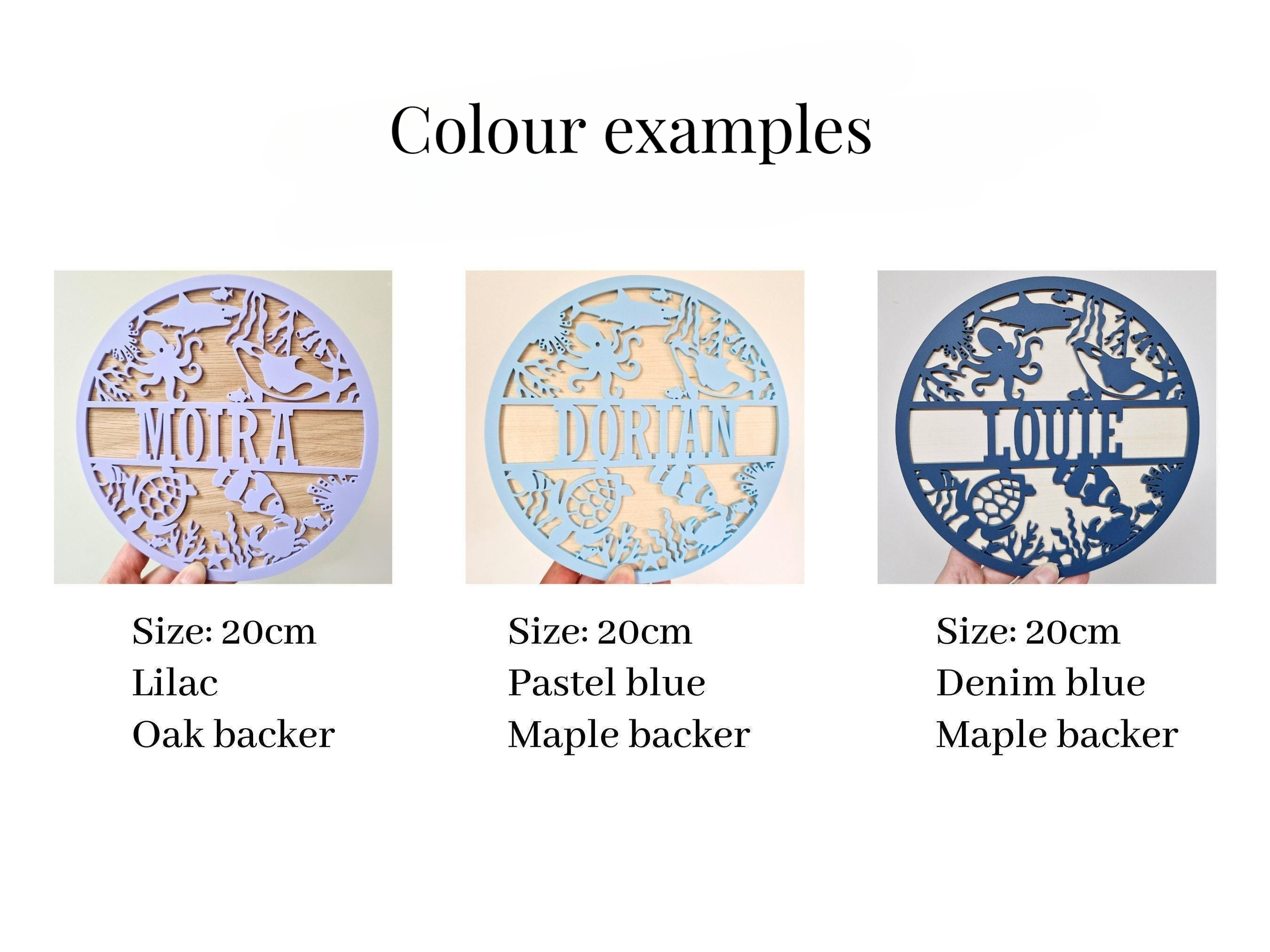 three examples of personalized wooden wall art, each with a different color and design.