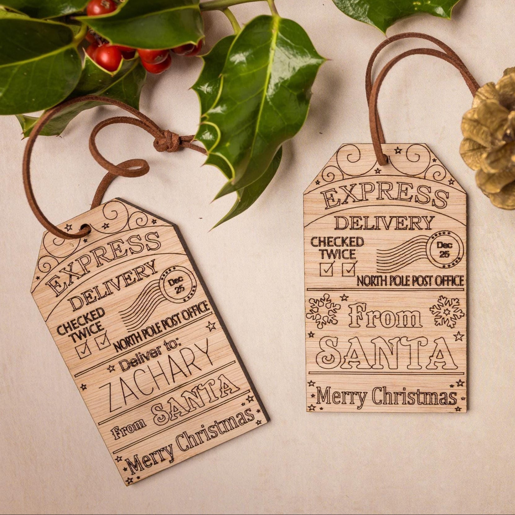 Wooden gift tag with message from Santa.