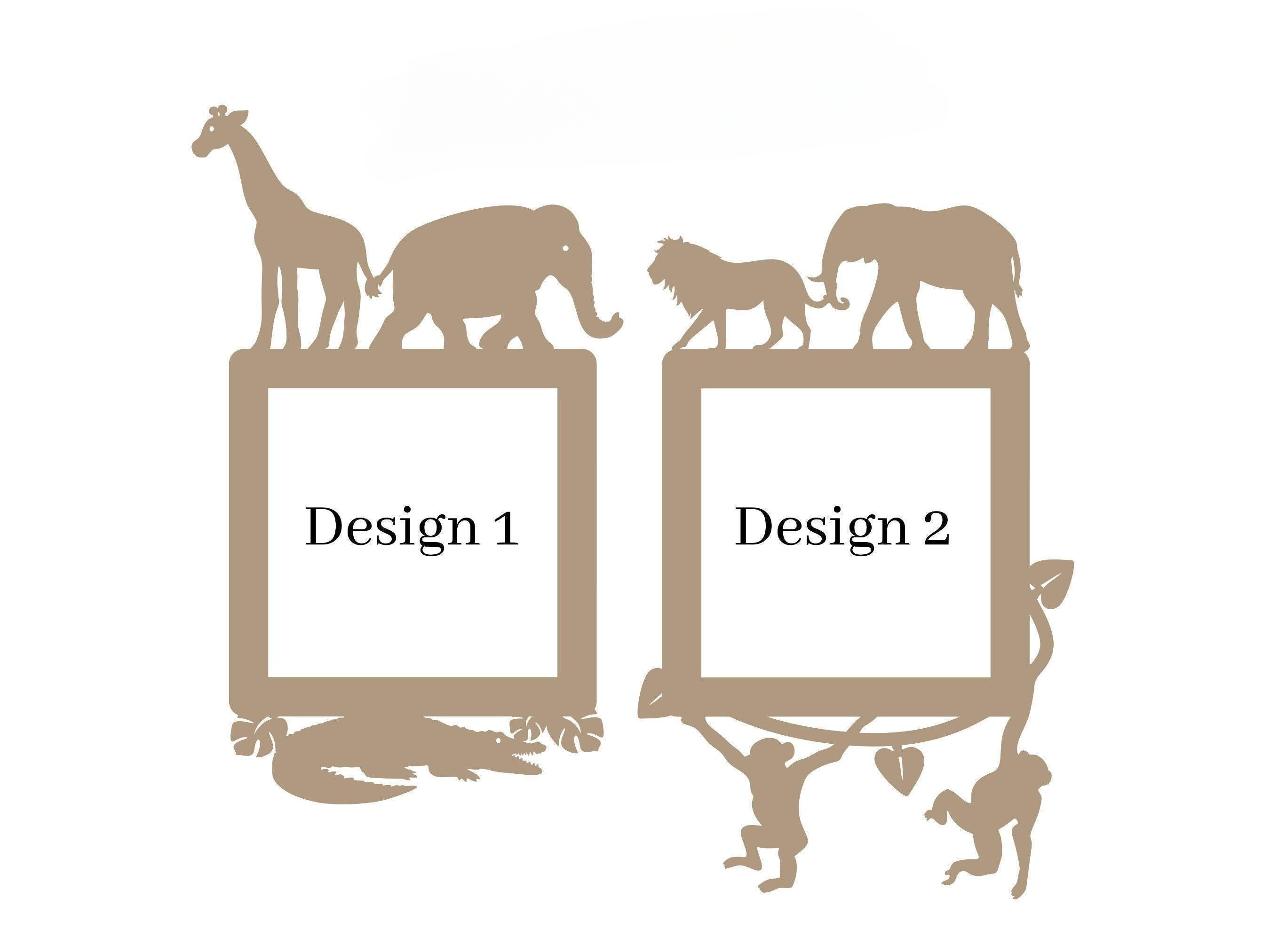 two identical square frames, each containing a silhouette of a giraffe, elephant, lion, and crocodile. The frames are labeled "Design 1" and "Design 2".