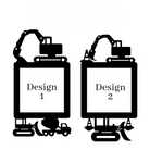 two black silhouettes of construction vehicles, each labeled with the number "1" and "2", suggesting they are design elements or images related to construction or machinery.
