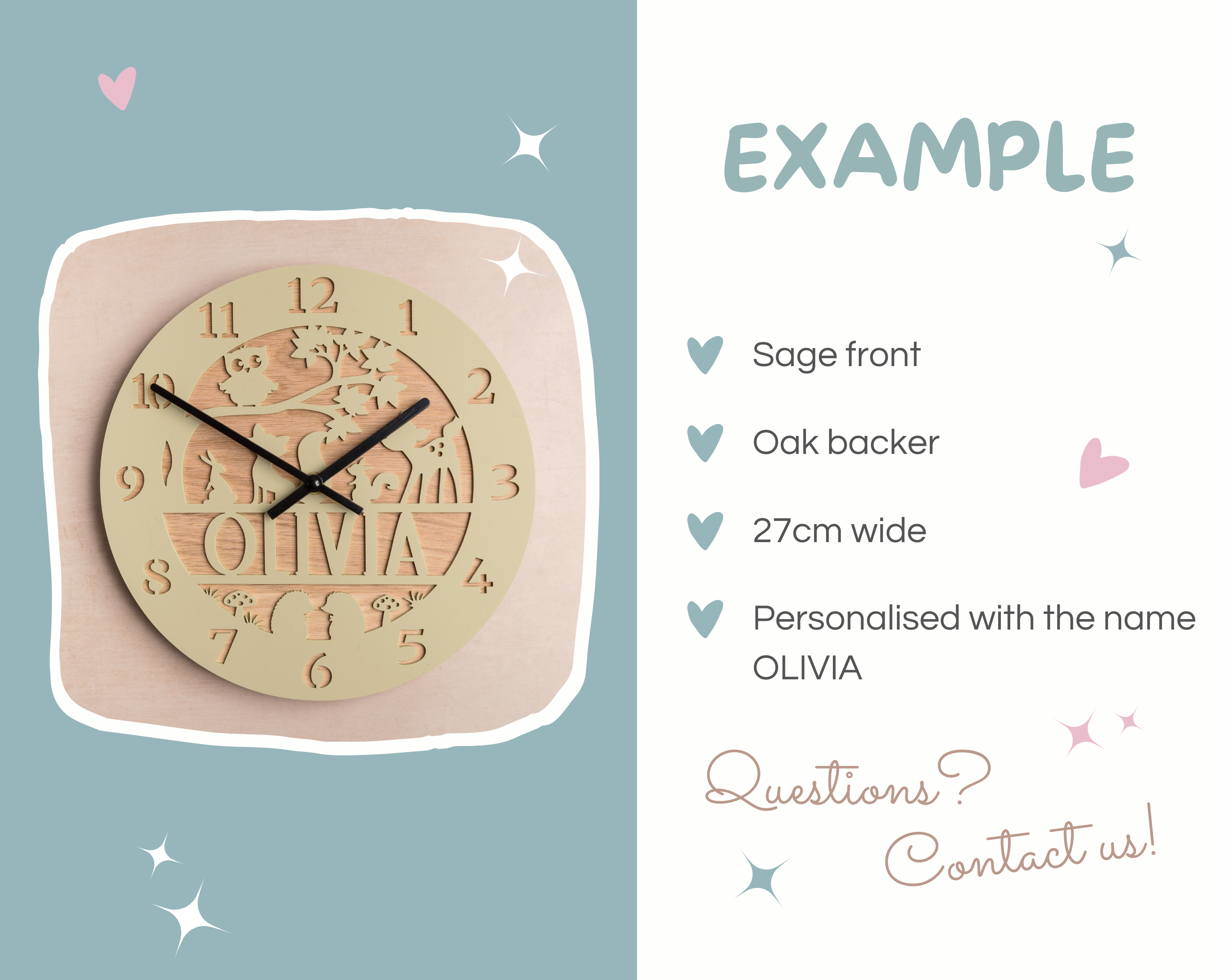 a wooden clock with the name 'OLIVIA' carved into it, and it is displayed on a light blue background with a white border.