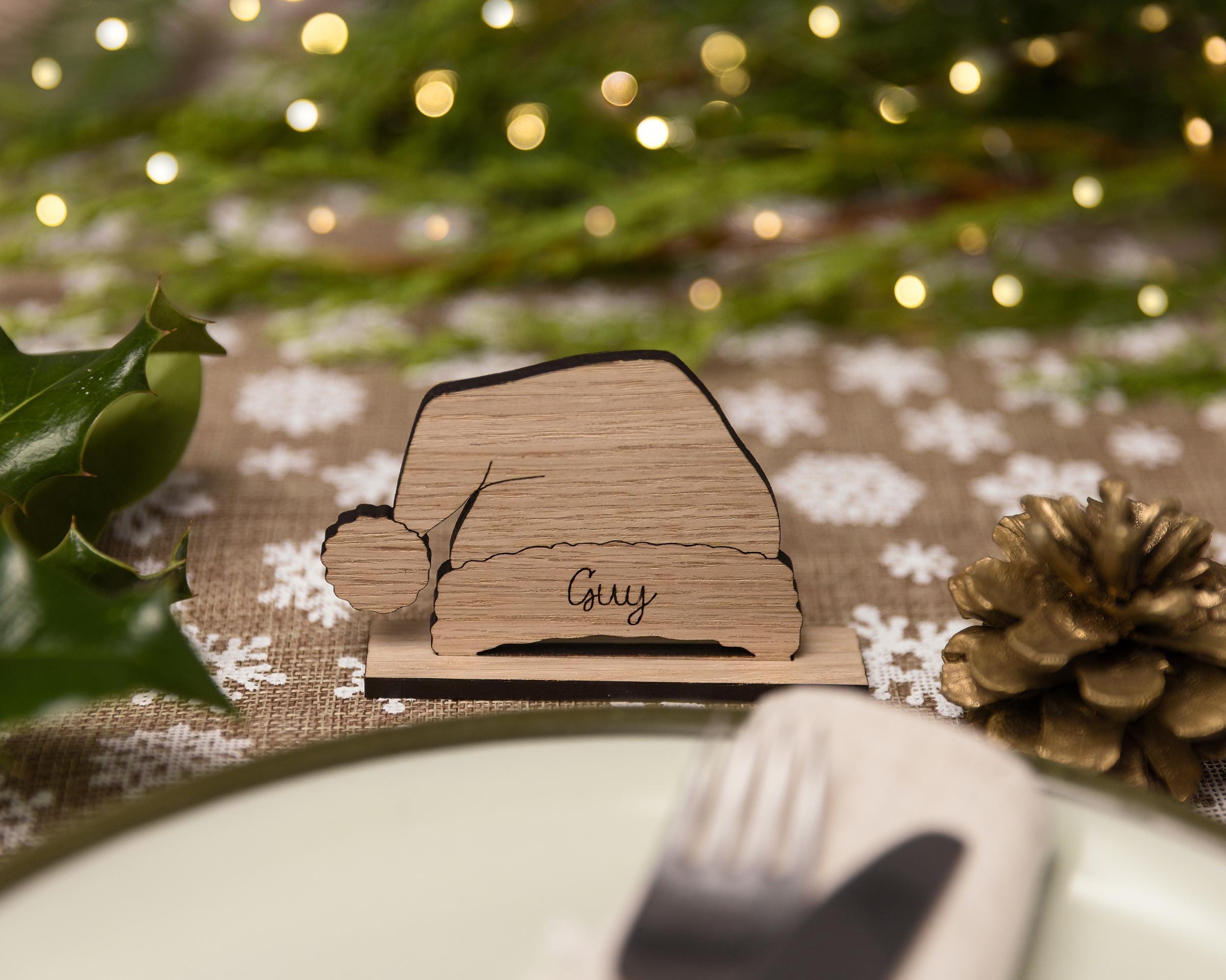 Standing santa hat wooden place name setting