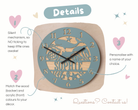 The image is a detailed description of a wooden wall clock with a personalized name carved into it. It features a blue face with numbers and a design of a bird and fish. The clock is made of wood and has a silent mechanism, so there is no ticking to keep little ones awake. The clock is personalized with a name, and it can be used to match the decor. The image includes a list of options for matching the wood and colors to the decor, and it also includes a contact number for further inquiries.