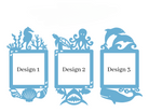 three blue frames with marine life designs, including a seahorse, octopus, and dolphin, arranged in a row.