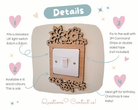 The image is a detailed description of a wooden light switch with a floral design, available in 6 wood colors and suitable for a 6-month-old baby. It is an ideal gift for a birthday, Christmas, or new baby. The image includes a 3-way switch, a 3M Command Strip, and a double-sided tape, but does not include the 3M Command Strip or double-sided tape. The image also includes a contact number for further information.