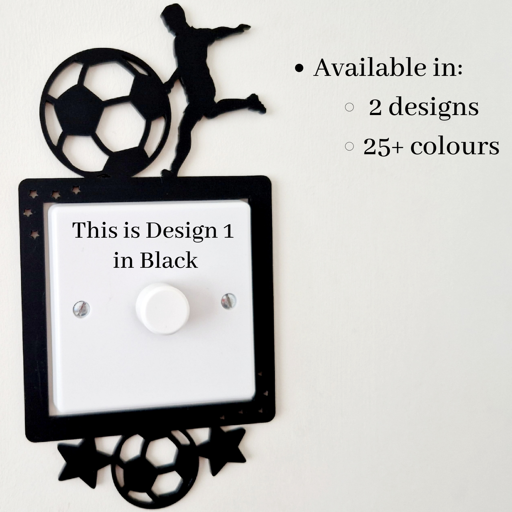 Decorative light switch cover with soccer design.