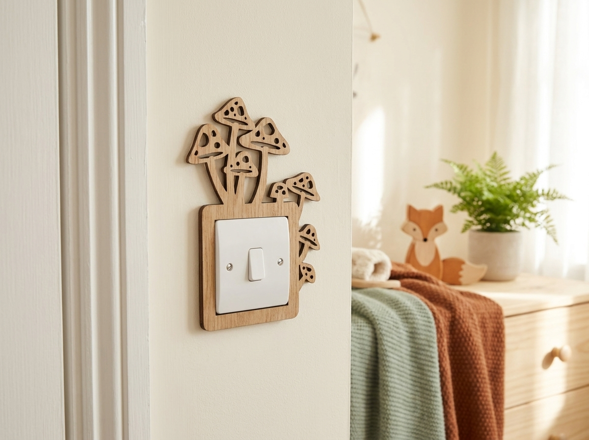 Decorative wooden light switch plate with mushroom design on a lightly colored wall.