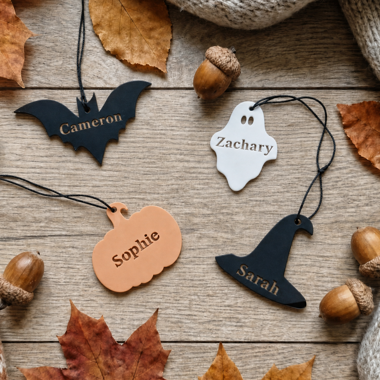 Personalized acrylic Halloween ornaments shaped like a bat, ghost, pumpkin, and witch hat, arranged on a rustic wooden surface with autumn leaves, acorns, and knitted blankets. The names Cameron, Zachary, Sophie, and Sarah are cut out of the ornaments.