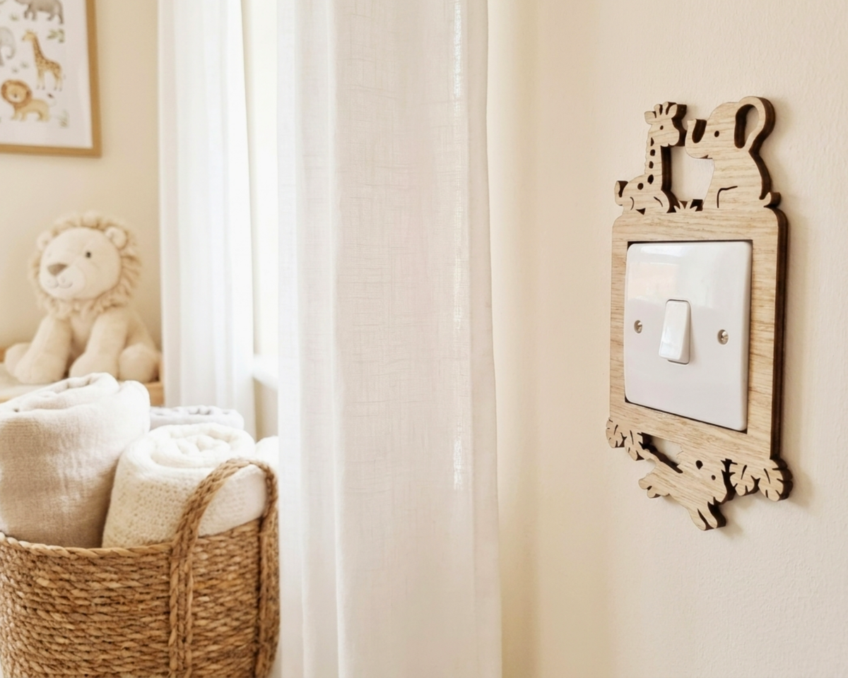 A light switch cover featuring a natural wood frame with animal cutouts of a giraffe, elephant, and monkey, mounted on a beige wall next to a window with sheer curtains.