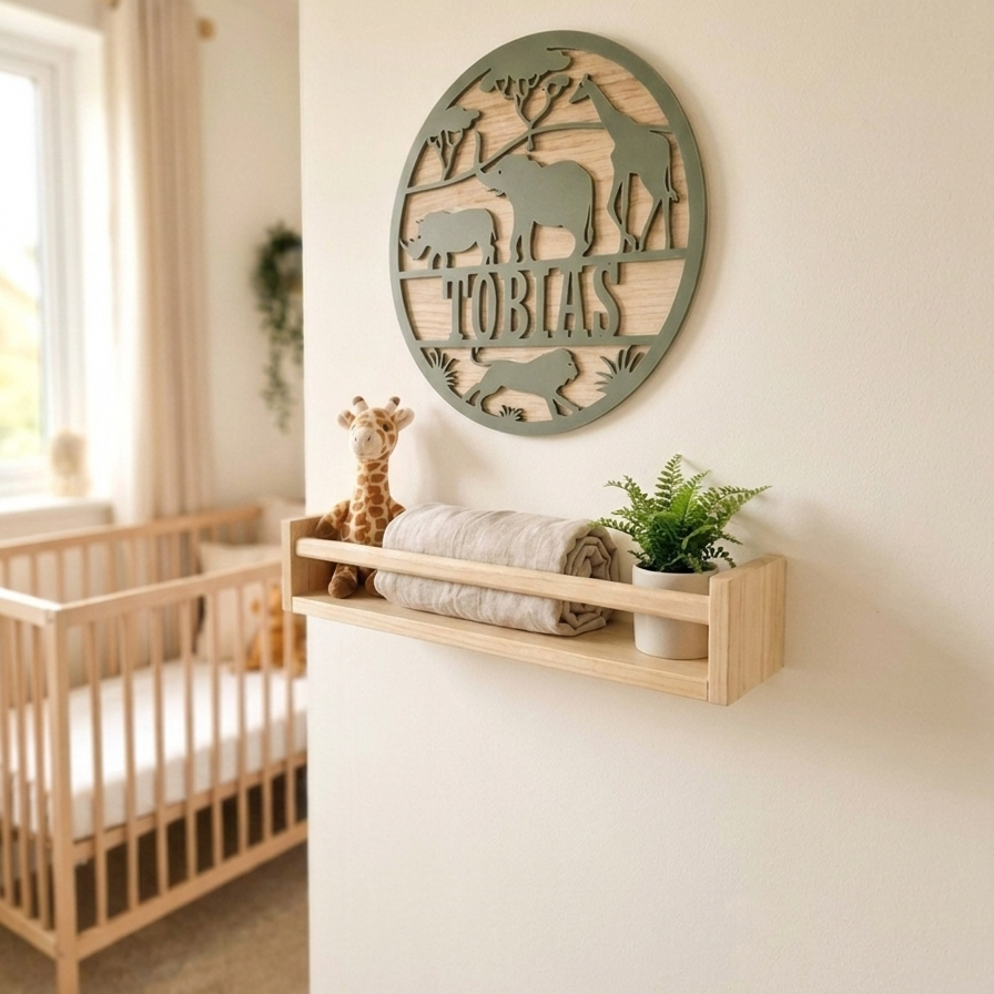 Oak wood and green acrylic safari themed nursery name sign with the name 'Tobias' on the wall in a nursery with wooden crib, shelf, and small plants.
