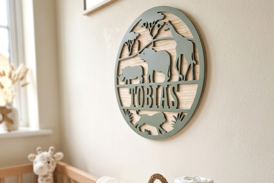 Round nursery name sign made from wood and acrylic featuring jungle animals and the name 'Tobias', above a crib, and basket of rolled up muslins.