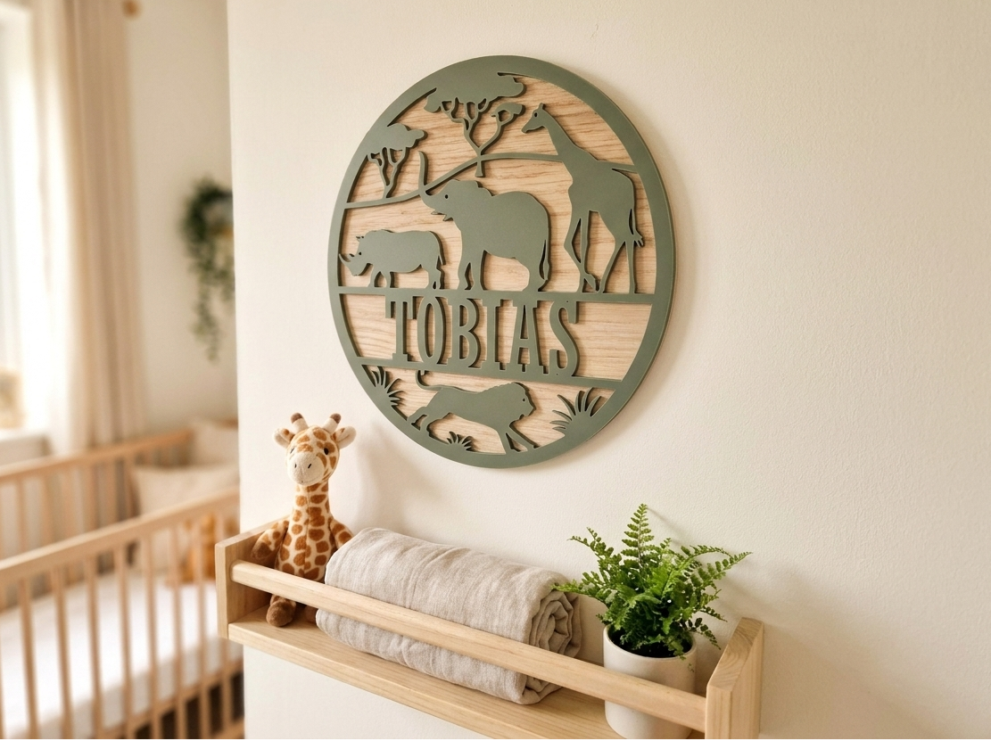 Wood and acrylic safari animal themed round name sign with animal cutouts and 'Tobias' name in a nursery setting.