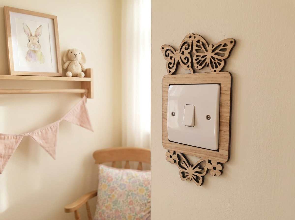 Decorative wooden butterfly light switch plate on a wall with a shelf and chair in the background.