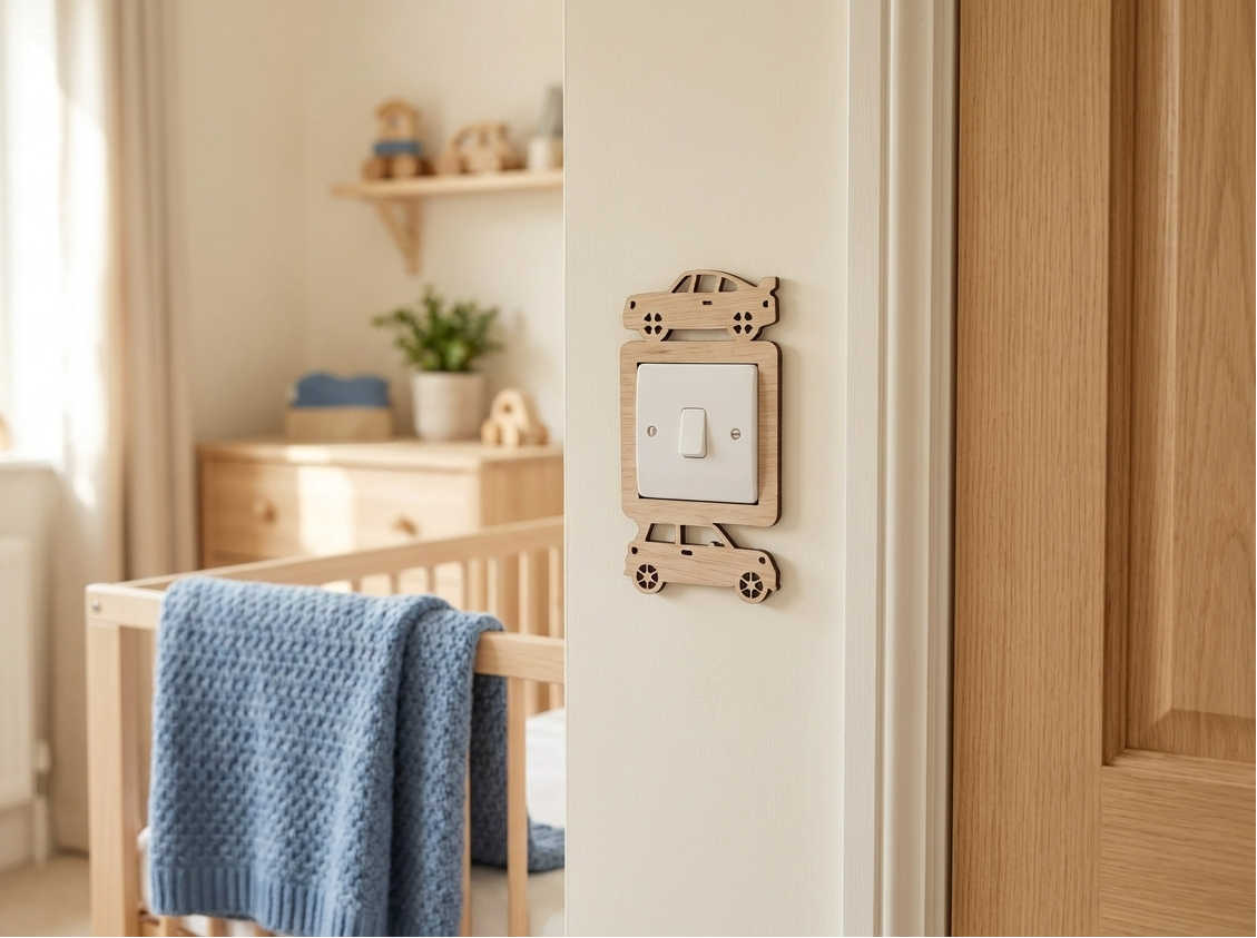 Nursery room with a crib and wooden light switch surround with two car design.