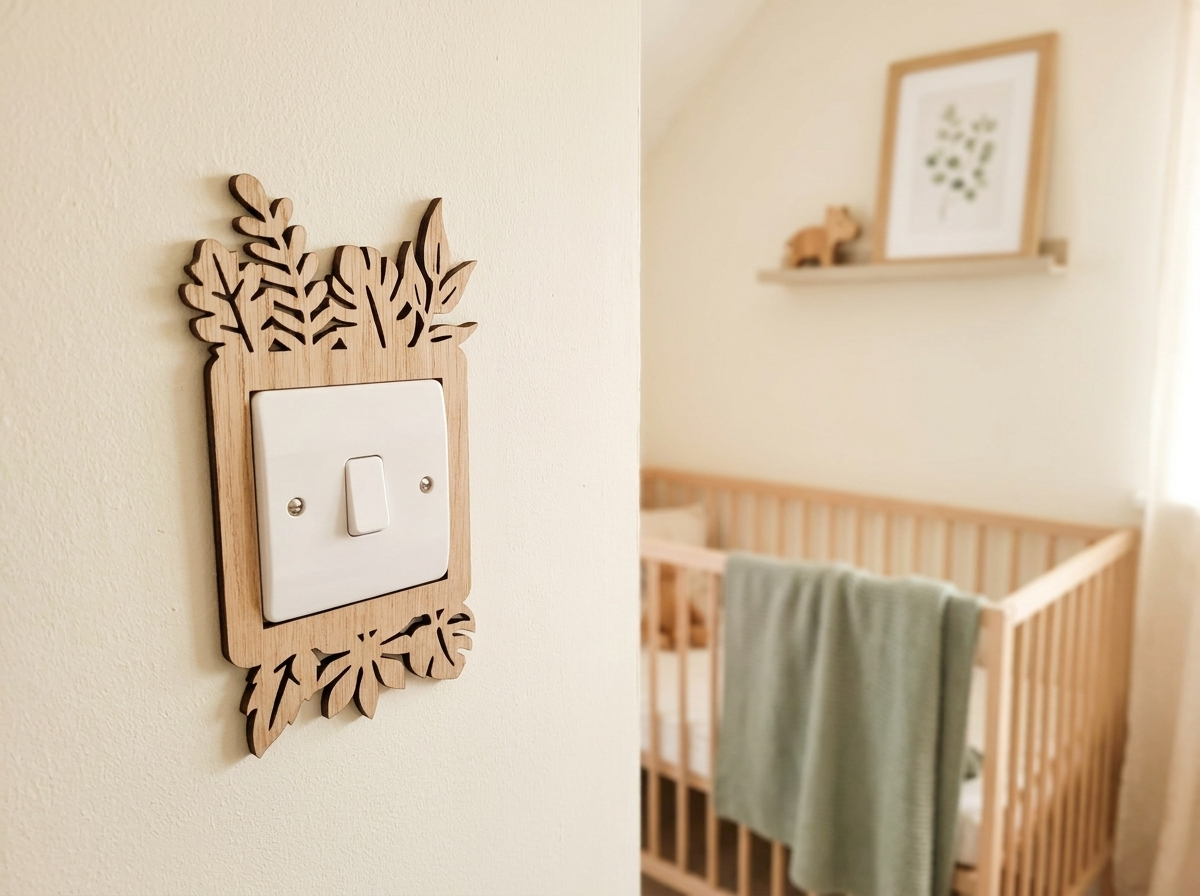 Decorative wooden light switch cover with leaf design in a nursery setting