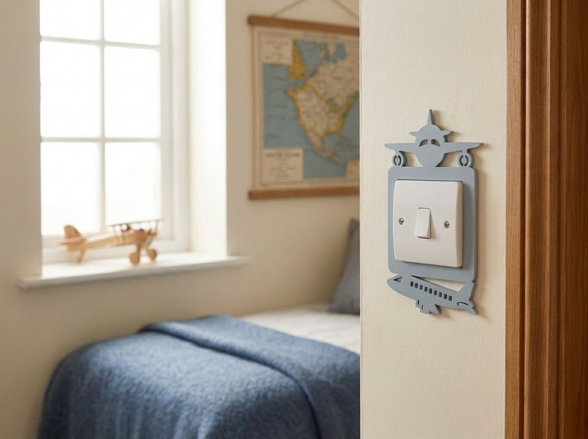 A blue light switch plate with two modern airplanes around and a white switch plate, mounted on a beige wall in a softly lit child's bedroom.