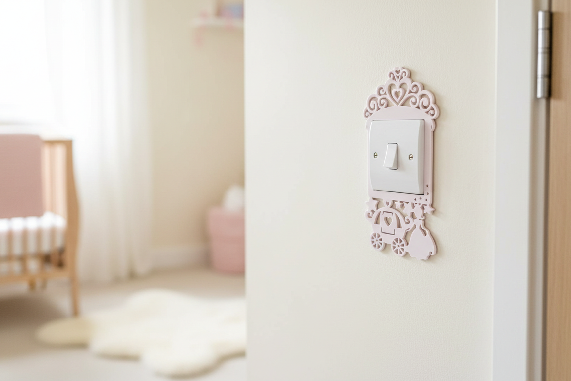 Decorative princess themed light pink wall switch plate in a nursery setting