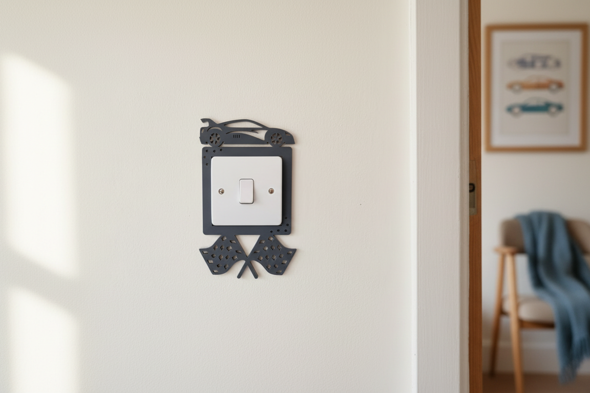 Decorative racing car themed wall switch cover with a rally car and flags  in dark grey on a light coloured wall.